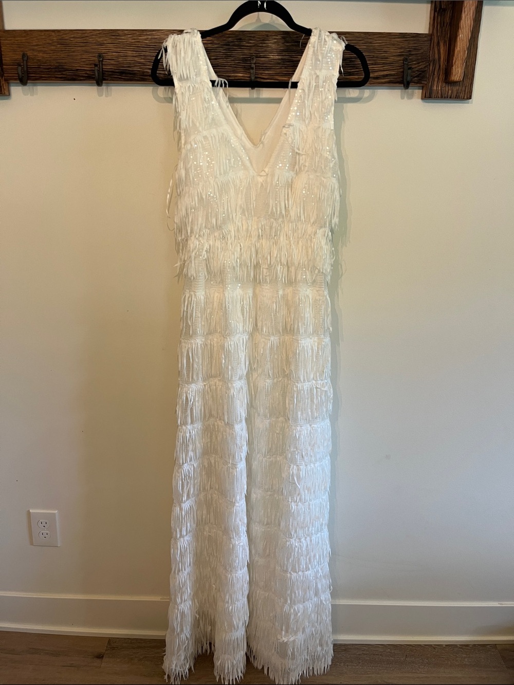 Southern Fried Chics White Fringe Maxi Dress with V-Neck
